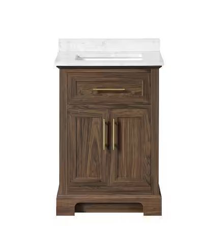 Home Decorators Collection Doveton 24 in. Single Sink Dark Walnut Bath Vanity with White Engineered Marble Top - Light Corner Damage - Lot 38JF