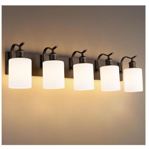 JAZAVA 5 Light Vanity Light Fixture with Milky White Frosted Shades - Lot 573
