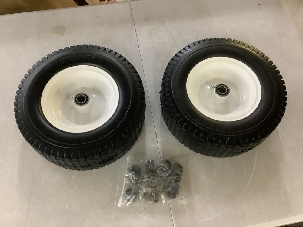 AR-PRO 13 x 5.00-6 Universal Tubeless Lawn Mower Tires with Rim, 3" Centered Hub and 3/4" Bushings, 2 Pack - Image 1 - Lot 579