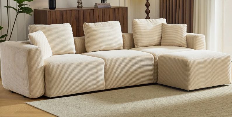112" W 3-Seater L-Shaped Sectional Corduroy Boneless Couch with Movable Ottoman Chaise - Image 1 - Lot 12