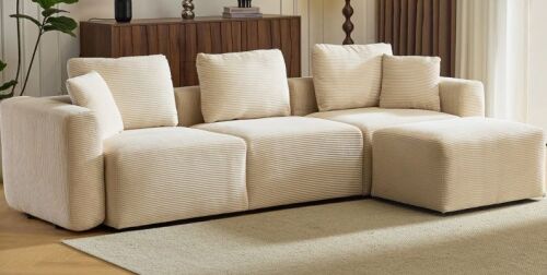 112" W 3-Seater L-Shaped Sectional Corduroy Boneless Couch with Movable Ottoman Chaise - Lot 12