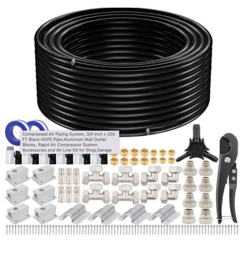 Compressed Air Piping System, 3/4" x 200' Black HDPE Pipe, Aluminum Wall Outlet Blocks, Rapid Air Compressor System Accessories and Air Line Kit - Lot 81