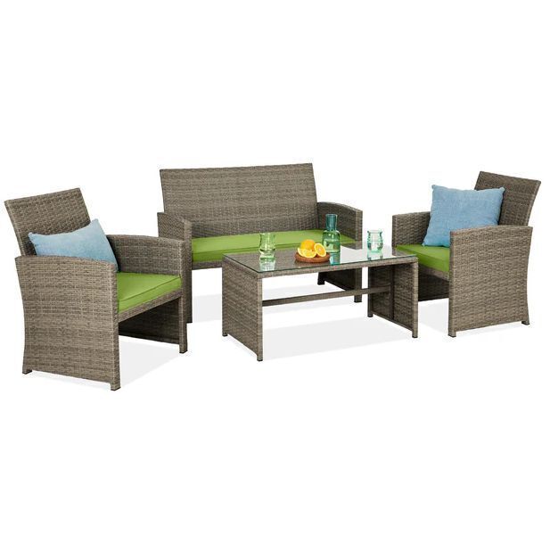 4-Piece Outdoor Wicker Conversation Patio Set w/ 4 Seats, Glass Table Top - Image 1 - Lot 59