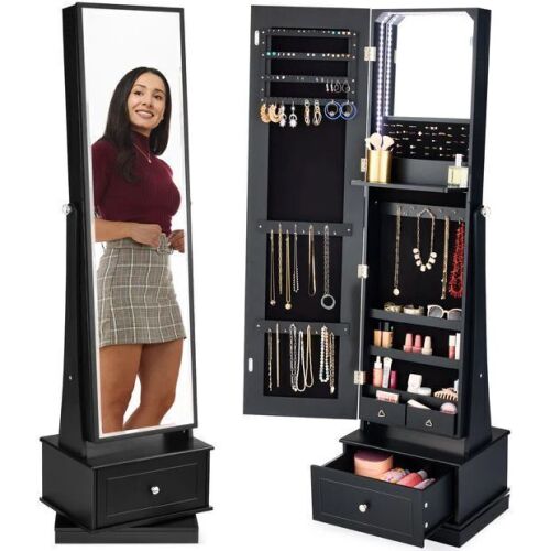 360 Swivel Mirrored Jewelry Cabinet Armoire w/ LED Lights, Mirror - Lot 46