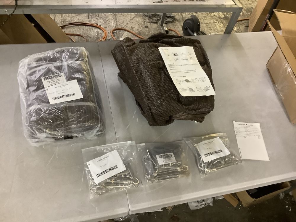 Lot of COLOURTREE 10' x 10' Brown Square Sun Shade Sail, 10' x 10' x 14' Triangle Sail & (3) Hardware Kits - Image 1 - Lot 272JF