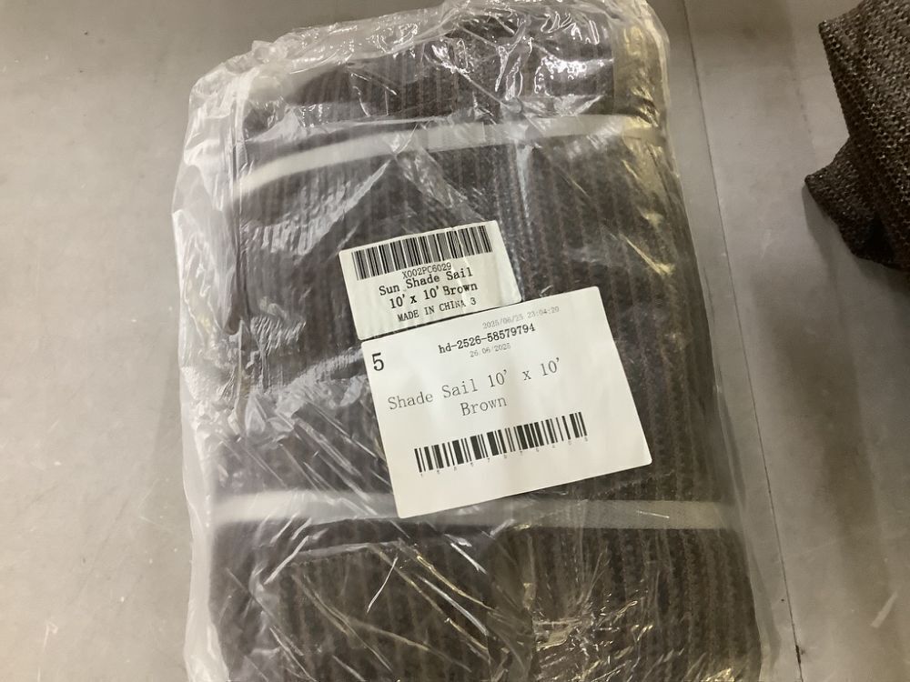 Lot of COLOURTREE 10' x 10' Brown Square Sun Shade Sail, 10' x 10' x 14' Triangle Sail & (3) Hardware Kits - Image 2 - Lot 272JF