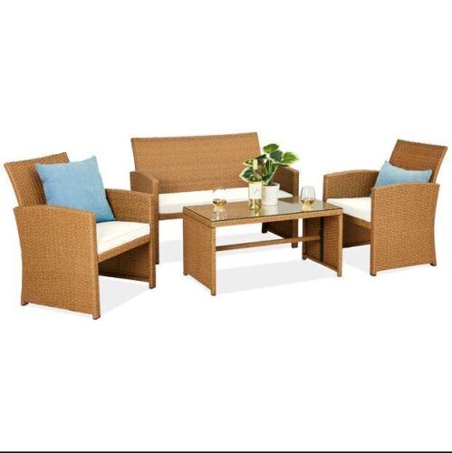 4-Piece Outdoor Wicker Conversation Patio Set w/ 4 Seats, Glass Table Top - Lot 45