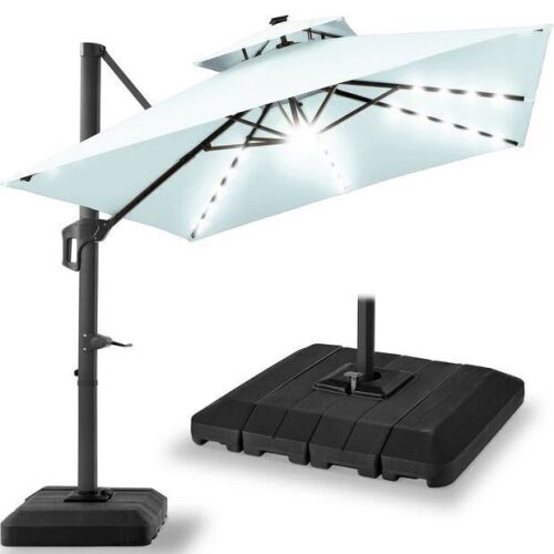 2-Tier Square LED Cantilever Offset Umbrella w/ 360 Rotation, Base - 10x10ft - Lot 24