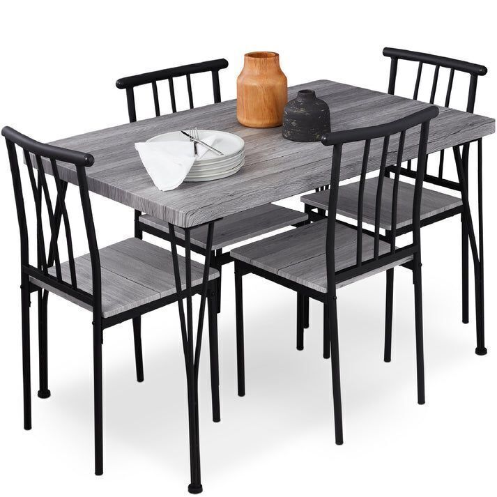 5-Piece Modern Metal and Wood Dining Table Furniture Set w/ 4 Chairs - Image 1 - Lot 35