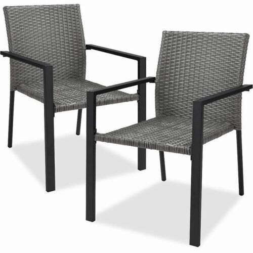 Set of 2 Stackable Wicker Chairs w/ Armrests, Steel Accent Furniture - Lot 190