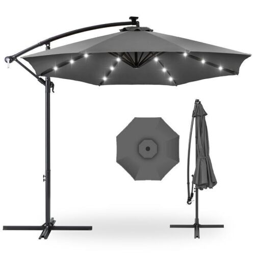Solar LED Offset Hanging Patio Umbrella w/ Crank Tilt Adjustment - 10ft - Lot 194