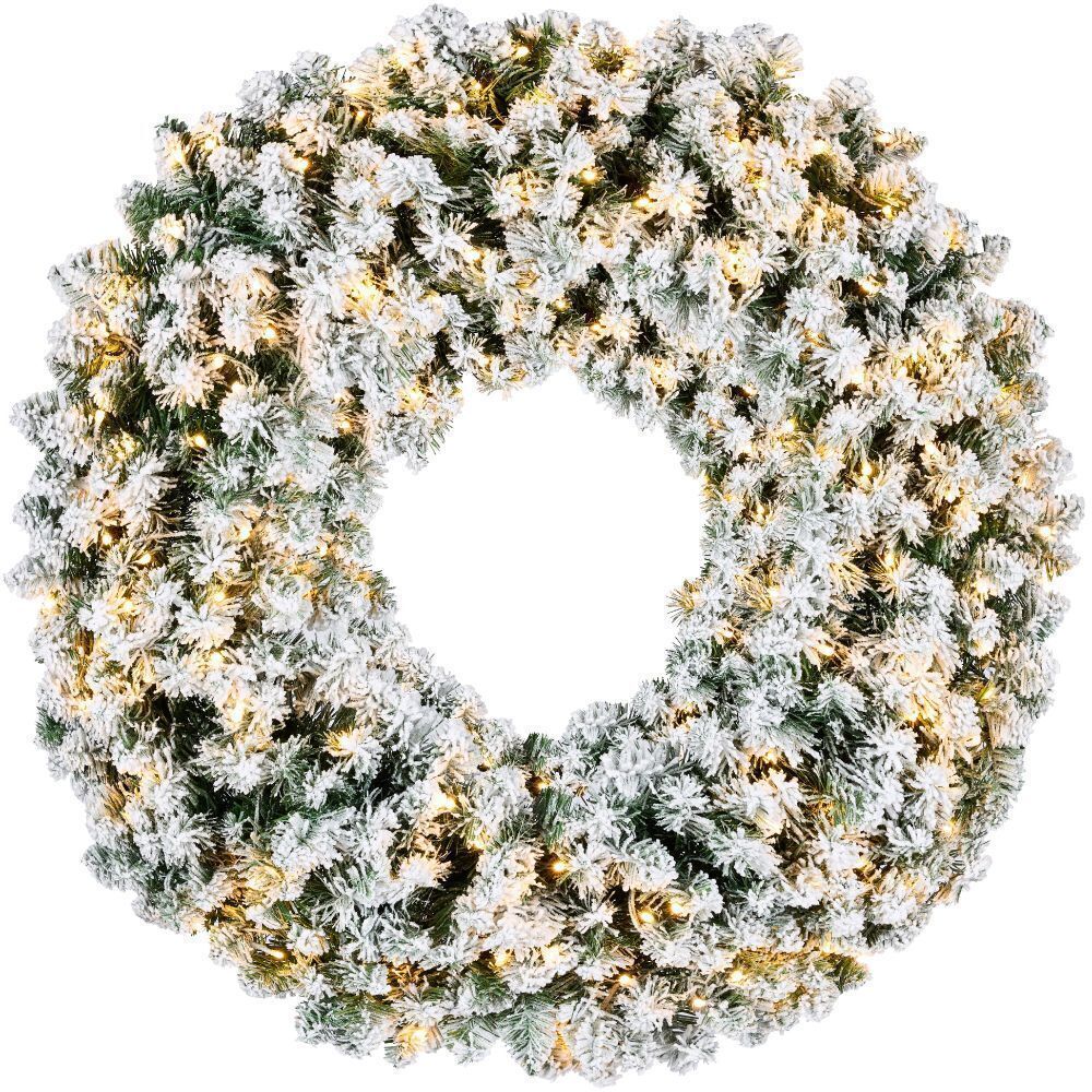 60" Pre-Lit Flocked Artificial Fir Christmas Wreath w/ 2-in-1 LED Lights - Image 1 - Lot 610