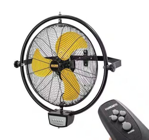 HiCFM 20 in. Yellow 5000 CFM Orbital Remote Wall Mounted Fan, 1/5 HP Motor, Timer, Tilt, Oscillating, 3-Speed - Lot 99JF