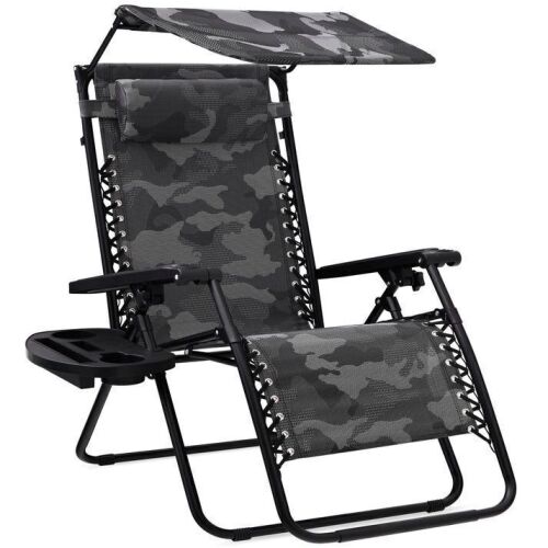 Folding Zero Gravity Recliner Patio Lounge Chair w/ Canopy, Side Tray - Lot 737