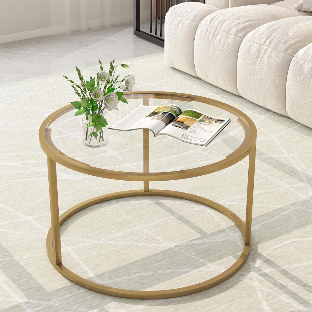 Round Gold Coffee Table for Small Space - Small Knick on Edge of Glass - Image 1 - Lot 384