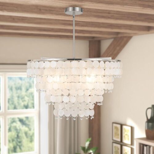PUUPA Natural Capiz Shell Chandelier, 4 Light, Nickel - Lot 403