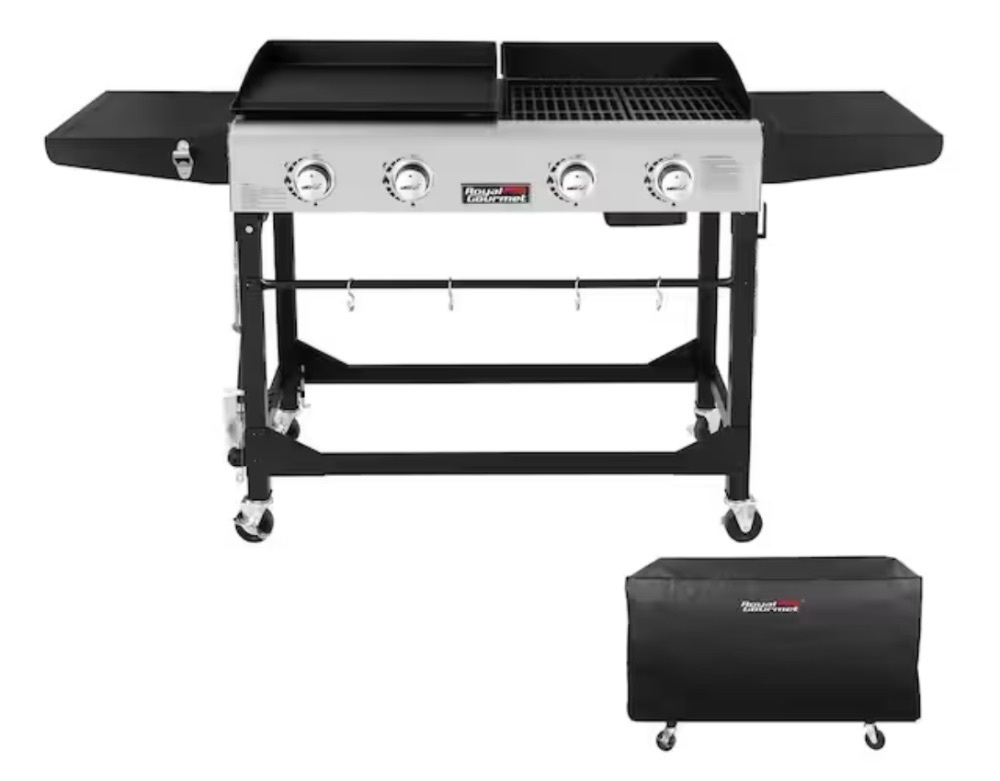 Royal Gourmet 4-Burners Portable Propane Gas Grill and Griddle Combo Grills in Black with Side Tables with Cover - Image 1 - Lot 11JF