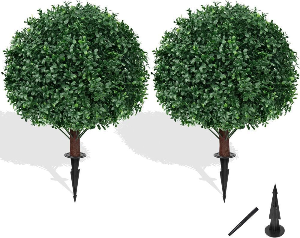 28" Artificial Boxwood Topiary Ball with Ground Spike, Set of 2 - Image 1 - Lot 517