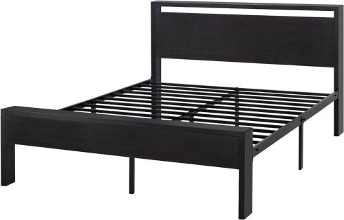 14 Inch Queen Size Metal Platform Bed Frame with Wooden Headboard and Footboard - Lot 46JF