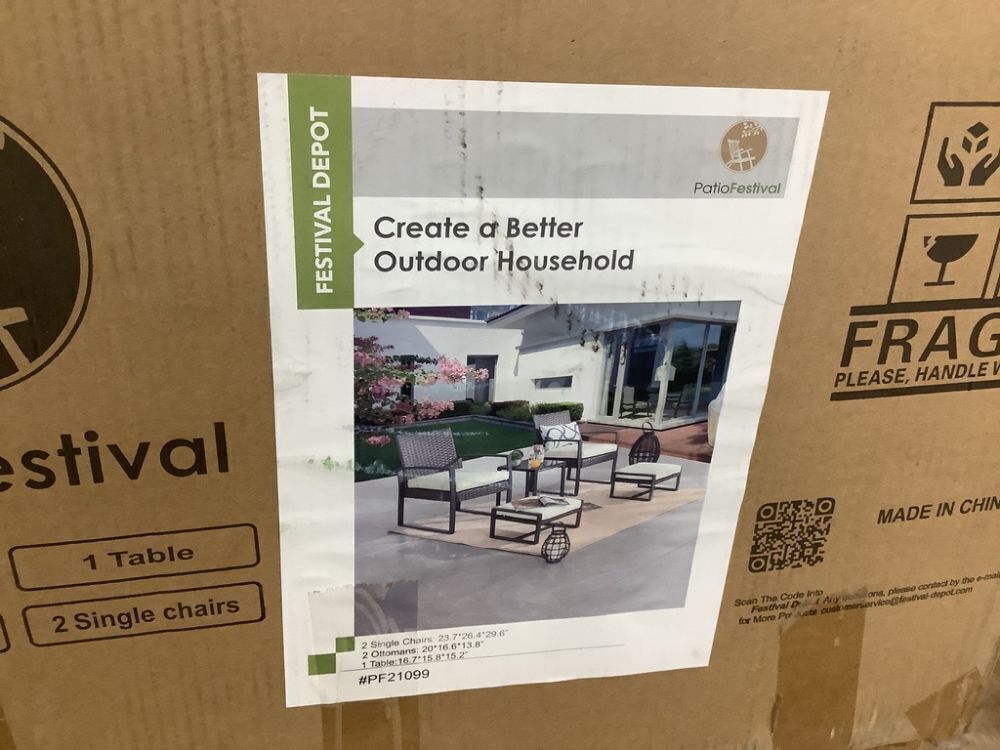 Patio Festival 5-Piece Wicker Patio Conversation Set with Offwhite Cushions - Image 3 - Lot 55JF