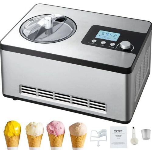 VEVOR Automatic Ice Cream Maker with Built-in Compressor, 2 Quart No Pre-freezing, LCD Display & Timer, Silver - Lot 83JF