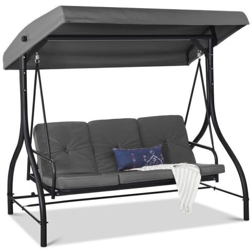 3-Seat Outdoor Canopy Swing Glider Furniture w/ Converting Flatbed Backrest - Cut in Seat Frame - Lot 125