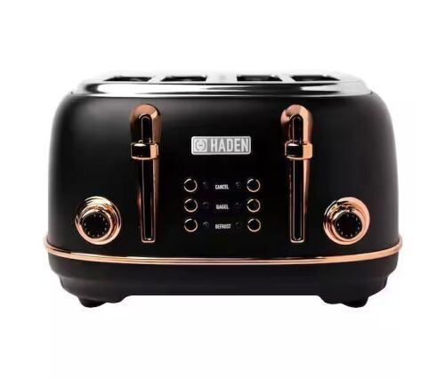 HADEN Heritage 1500-Watt 4-Slice Black and Copper Wide Slot Retro Toaster with Removable Crumb Tray and Browning Control - Lot 270JF