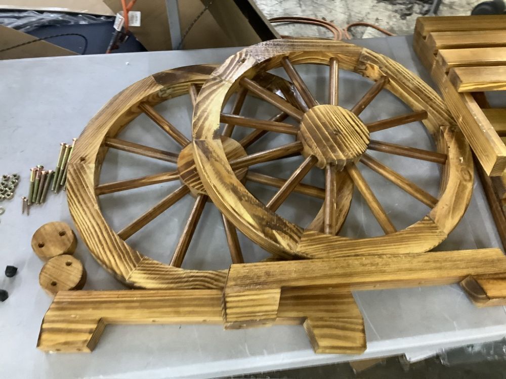 2-Person Rustic Wooden Wagon Wheel Bench w/ Slatted Seat and Backrest - Missing 2 Screws & 2 Washers - Image 2 - Lot 462