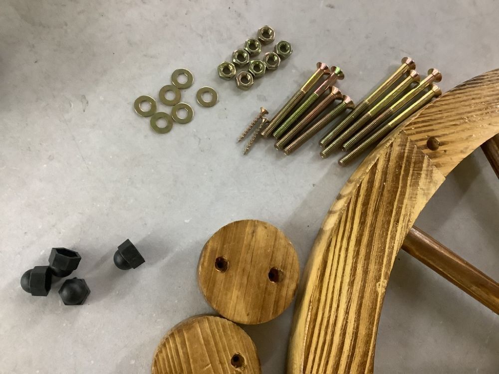 2-Person Rustic Wooden Wagon Wheel Bench w/ Slatted Seat and Backrest - Missing 2 Screws & 2 Washers - Image 4 - Lot 462