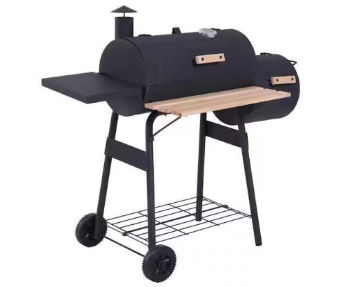 Outsunny 48 in. Steel Portable Charcoal BBQ Grill and Offset Smoker with Wheels and 2 Storage Shelves - Lot 471JF
