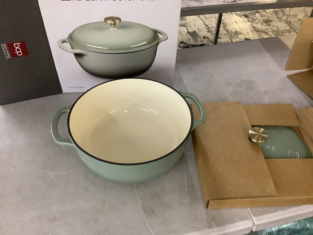 Cast-Iron Dutch Oven Kitchen Cookware w/ Enamel, Handles, 7.5qt - Small Chip in Enamel - Image 1 - Lot 790