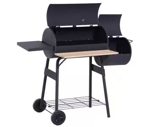 Outsunny 48 in. Steel Portable Charcoal BBQ Grill and Offset Smoker with Wheels and 2 Storage Shelves - Lot 105JF