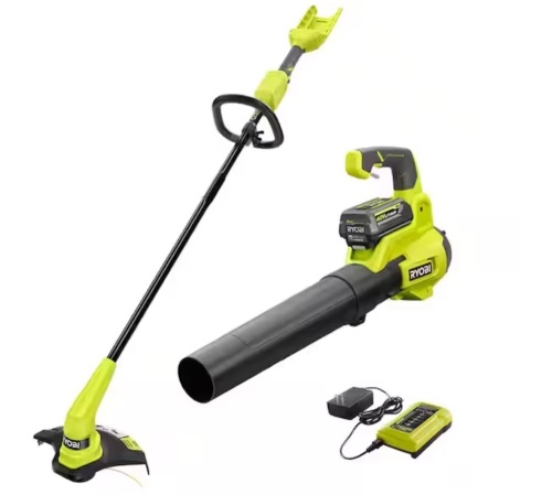 Ryobi 40V Cordless Battery 12 in. String Trimmer and 450 CFM 120 MPH Blower Combo Kit 2-Tools with 4.0 Ah Battery and Charger - Lot 22JF