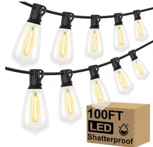 Angel Sar 100 ft. 2700K Warm White LED Outdoor String Lights with 52 Shatterproof ST38 Vintage Edison Bulbs - Lot 310JF