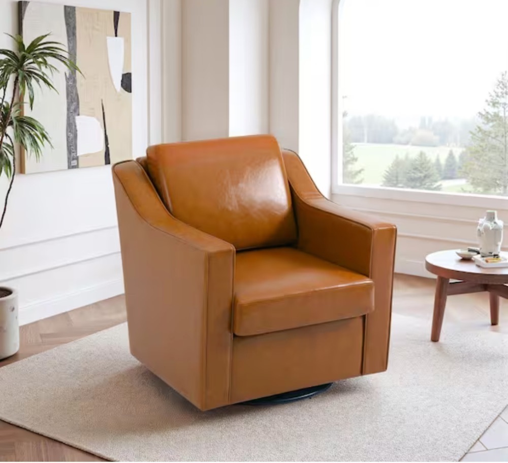 Uixe Light Brown Faux Leather Upholstered Swivel Accent Barrel Chair - Image 1 - Lot 24JF