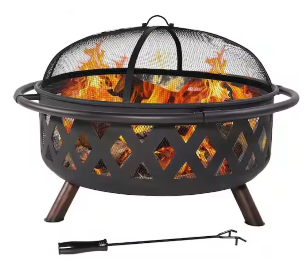 Sunnydaze Black Cross Weave 36 in. x 24 in. Round Steel Wood Burning Fire Pit with Spark Screen - Image 1 - Lot 287JF