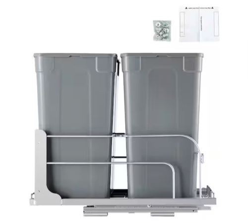 Pull Out Double Trash Can 35 qt. x 2 with Door Mount Kit, Soft Close Slides, Under Cabinet Waste Bin for Sink (Grey) - Lot 289JF