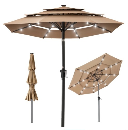 3-Tier Solar Patio Umbrella w/ LED Lights, Tilt Adjustment, Crank - 10ft - Lot 216