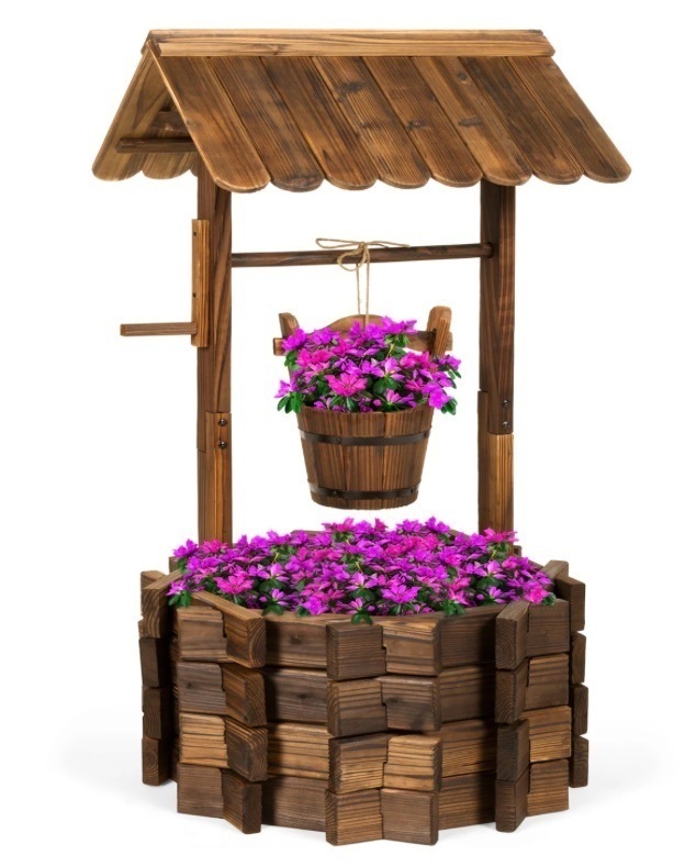 Rustic Wooden Wishing Well Planter Yard Decoration w/ Hanging Bucket - Image 1 - Lot 218