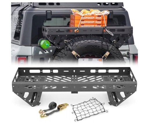 Spare Tire Utility Cargo Basket Tailgate Tray, Universal Fit for 1976-2025 Jeep Wrangler JK JL TJ YJ CJ, 2021-2025 Ford Bronco and RV & SUV, Rear Cargo Rack Luggage Storage Carrier (Bolt-On) - Lot 30JF