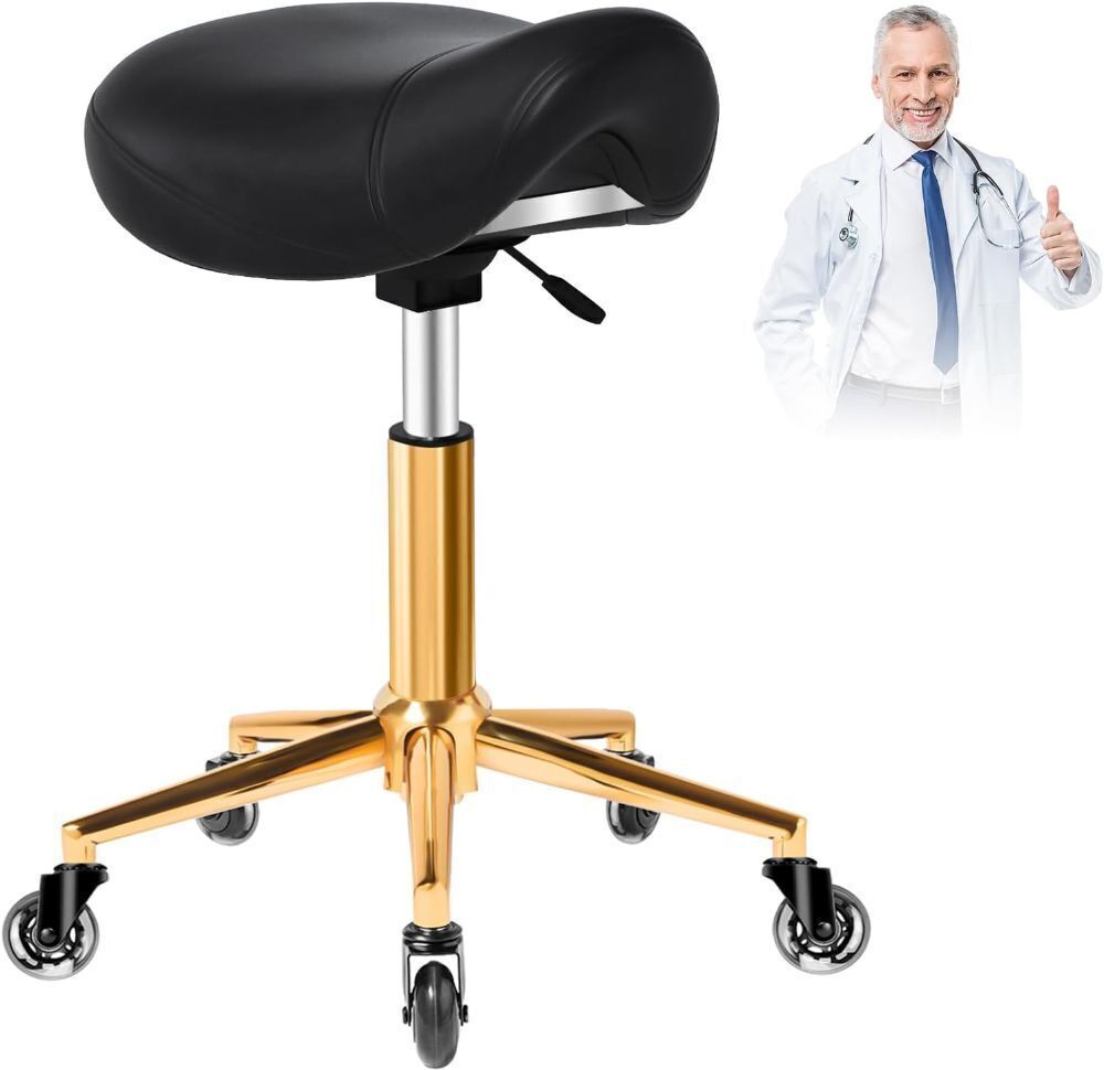 Saddle Stool with Wheels Ergonomic - Thick Wide Saddle Cushion, Healthy Posture No Pain, Easy to Adjust, Smooth Rolling No Creaky Noises, Rolling Swivel Saddle Stool Chair for Salon Massage (Black) - Image 1 - Lot 7789