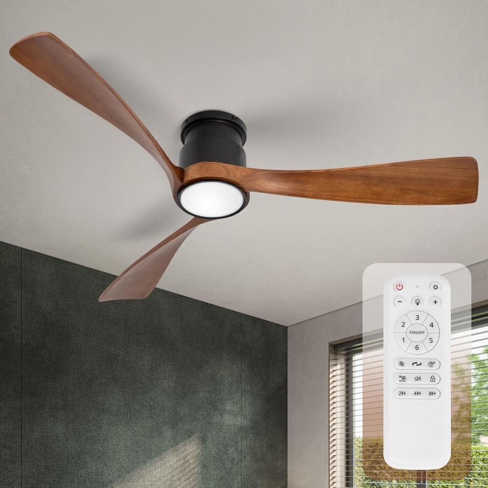 52inch Ceiling Fan with Lights,Flush Mount Wooden Ceiling Fans with Remote Control,Dimmable Light,3 CCT,6 Speeds,Noiseless DC Motor,Ceiling Fan for Bedroom,Living Room,Office,Indoor,Dark Brown - Image 1 - Lot 7792