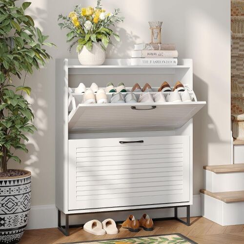 Maupvit Shoe Storage Cabinet with 2 Flip Louvered Doors, Freestanding Organizer with Metal Legs, Shoe Cabinet for Entryway, Narrow Shoe Rack Cabinet, White - Lot 7797