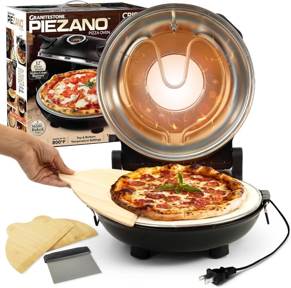 PIEZANO Crispy Crust Pizza Oven by Granitestone – 12 Inch Electric Pizza Oven Indoor Countertop Maker with Ceramic Stone Heats up to 800˚F for Stone Baked Pizzeria Style at Home As Seen on TV Products - Image 1 - Lot 7799