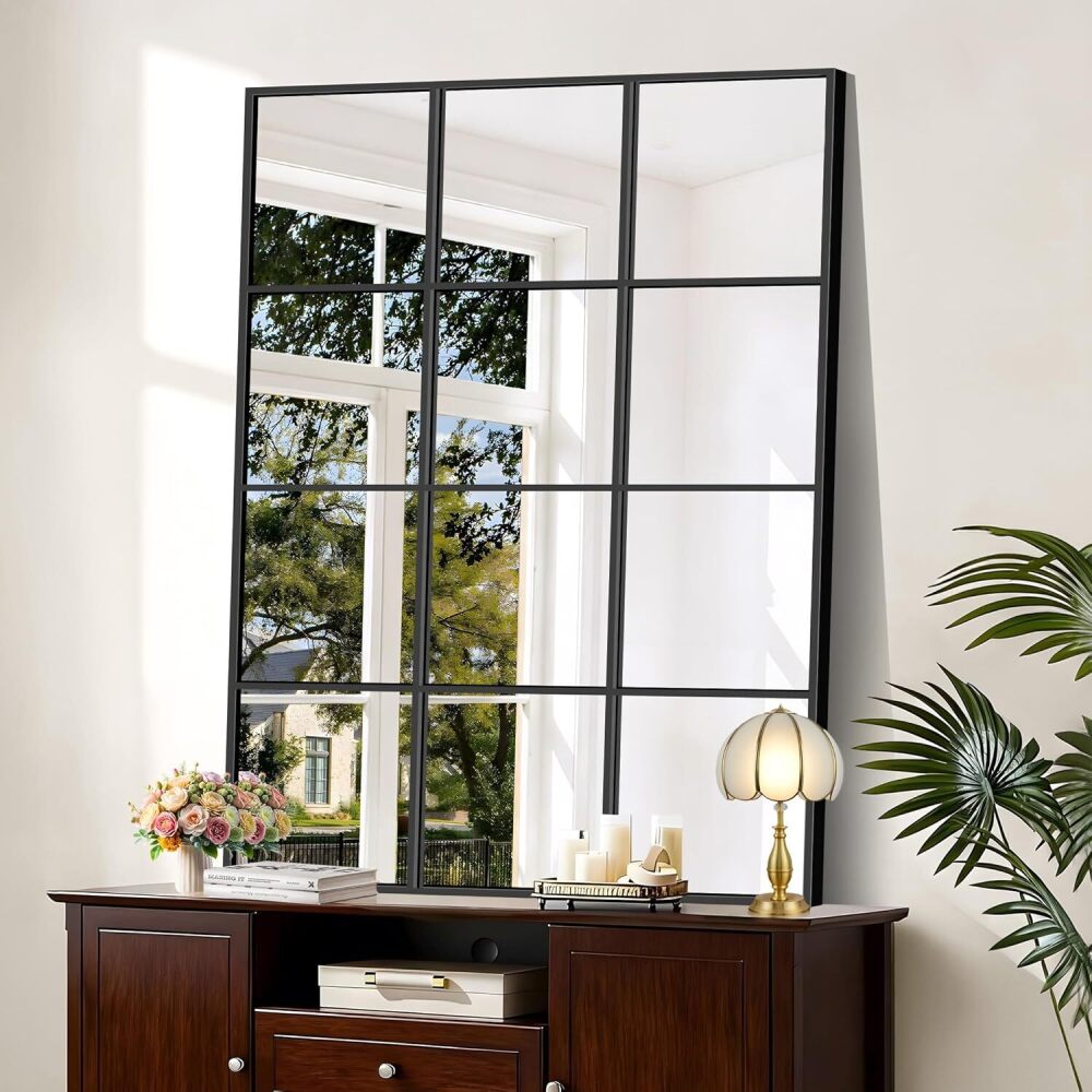YIROMAN Window Pane Mirror, 36x48 Inch Black Rectangular Decorative Wall Mirror, Large Window Metal Framed Mirrors for Bedroom Living Room Fireplace Entryway, Hanging or Leaning Against Wall - Image 1 - Lot 8295