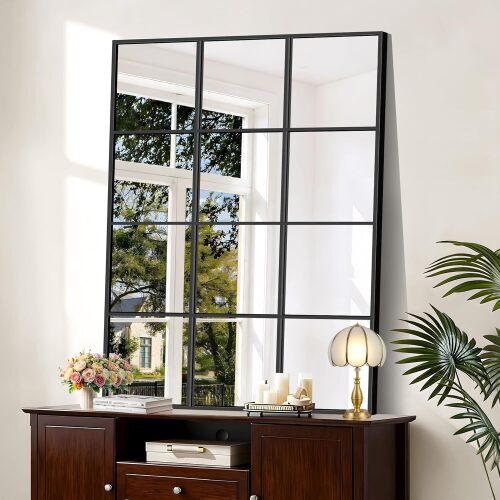 YIROMAN Window Pane Mirror, 36x48 Inch Black Rectangular Decorative Wall Mirror, Large Window Metal Framed Mirrors for Bedroom Living Room Fireplace Entryway, Hanging or Leaning Against Wall - Lot 8295