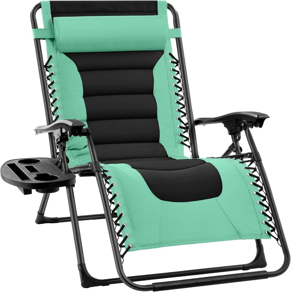 Oversized Padded Zero Gravity Chair, Folding Outdoor Patio Recliner, XL Anti Gravity Lounger for Backyard w/Headrest, Cup Holder, Side Tray, Polyester Mesh - Seafoam Green/Black - Image 1 - Lot 3535