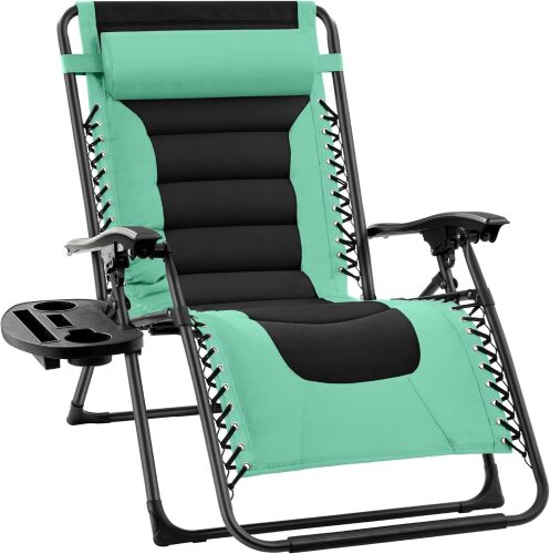 Oversized Padded Zero Gravity Chair, Folding Outdoor Patio Recliner, XL Anti Gravity Lounger for Backyard w/Headrest, Cup Holder, Side Tray, Polyester Mesh - Seafoam Green/Black - Lot 3535