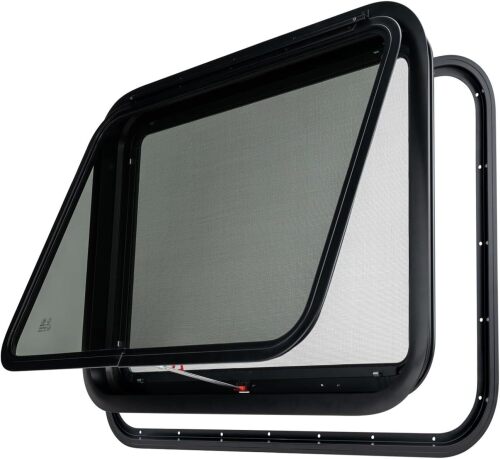 Dulepax RV Exit Window, 30'W x 22' H, Black Tinted Tempered Glass, RV Emergency Exit with Net Screen & Trim Ring - Lot 6665
