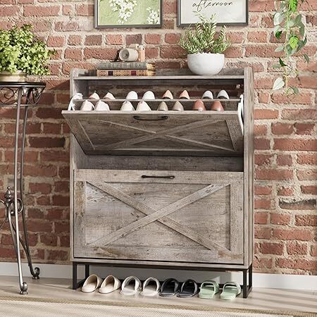 Maupvit Shoe Storage Cabinet with 2 Flip Drawers, Freestanding Organizer with Metal Legs for Entryway, Narrow Shoe Rack Cabinet, Light Rustic Oak - Lot 6667